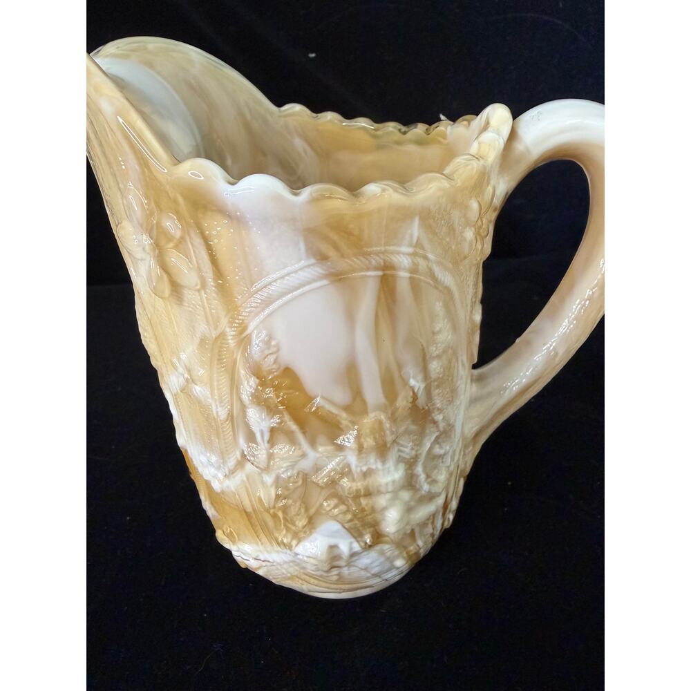 Vintage Imperial Caramel Slag Glass Pitcher with Dutch Windmill Scene